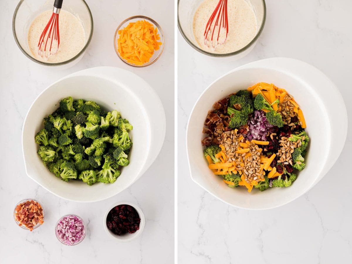 Side by side photos of combining the broccoli salad ingredients in a large bowl.