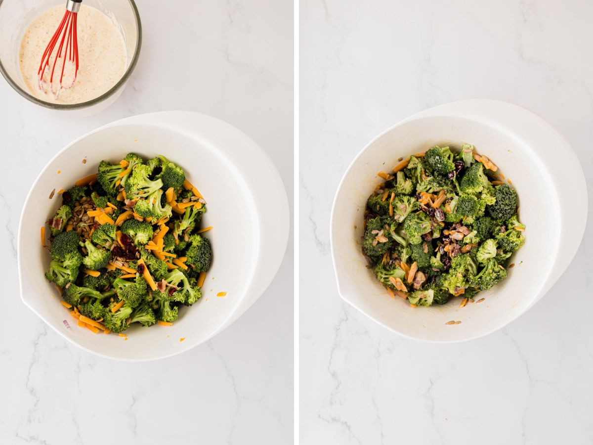 Side by side photos of combining the broccoli and vegetables with the dressing in a bowl.