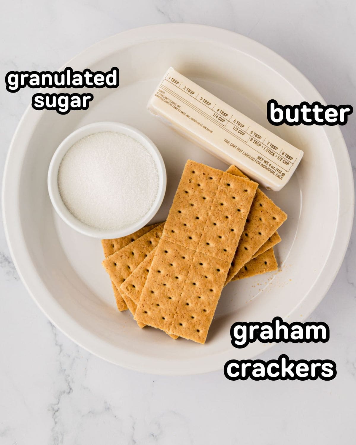 Labeled image of ingredients needed to make a graham cracker pie crust.
