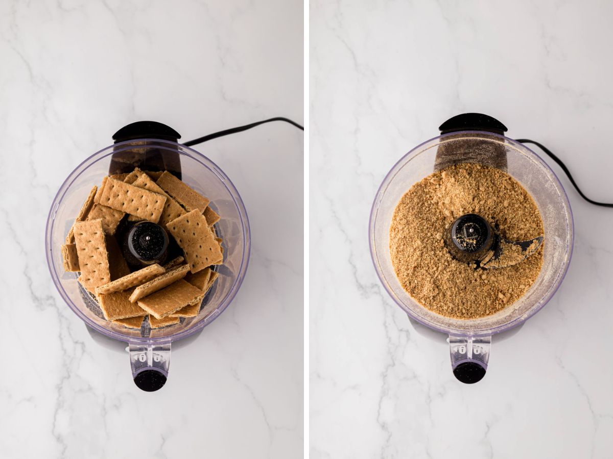 Graham cracker sheets added to a food processor and pulsed.