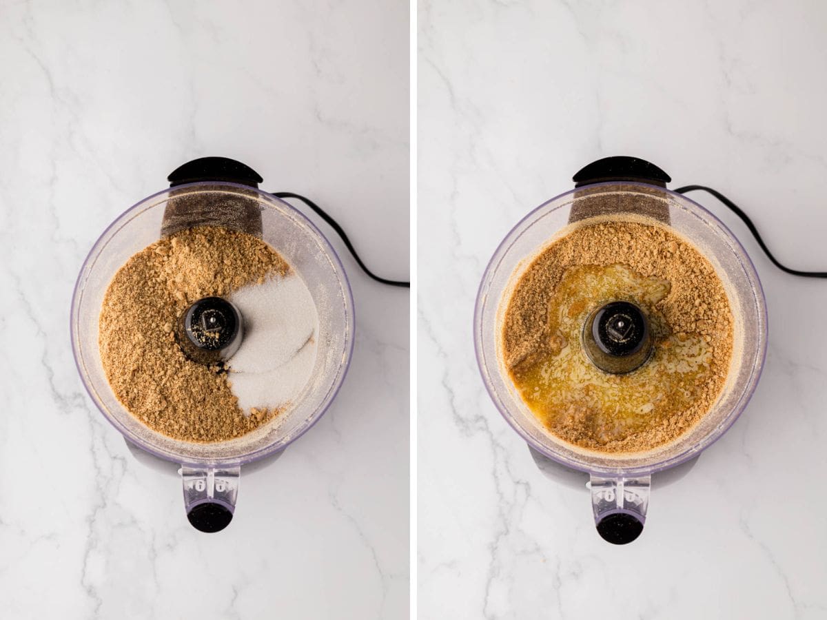 Sugar and butter added to the food processor with graham cracker crumbs.