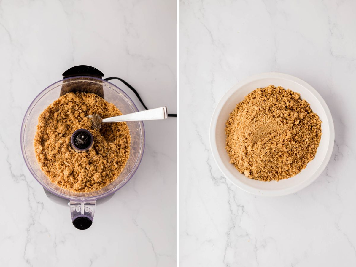 Graham cracker crumbs poured into a pie dish.