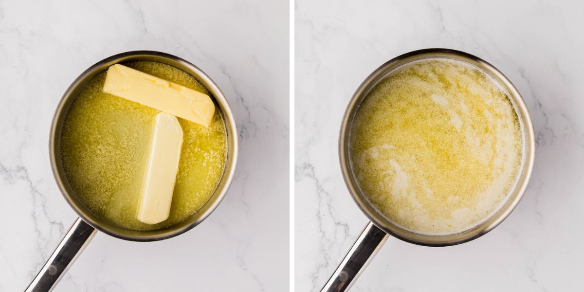Side by side photos of melting two sticks of butter in a saucepan.