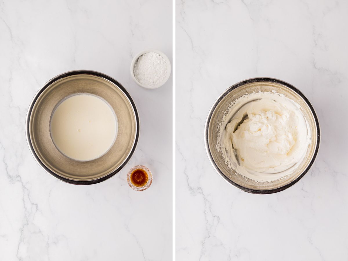 Heavy cream in a stand mixer and whipped to form whipped cream.