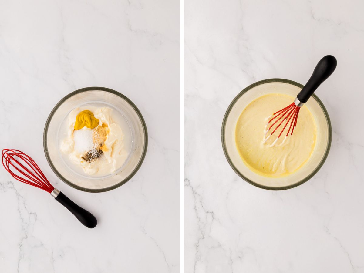 Side by side photos of whisking together the dressing for macaroni salad.