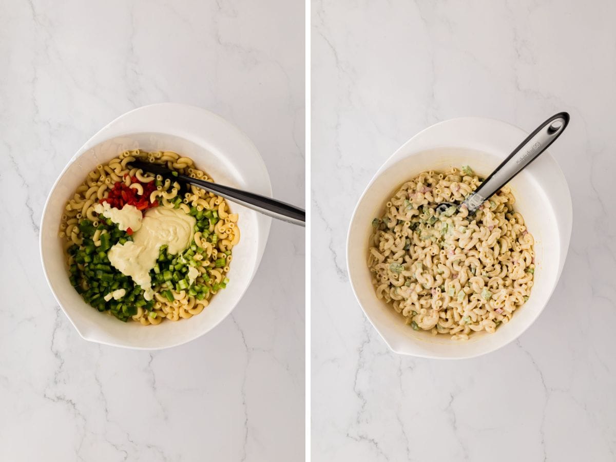 Side by side photos of combining all the macaroni salad ingredients in a large bowl.