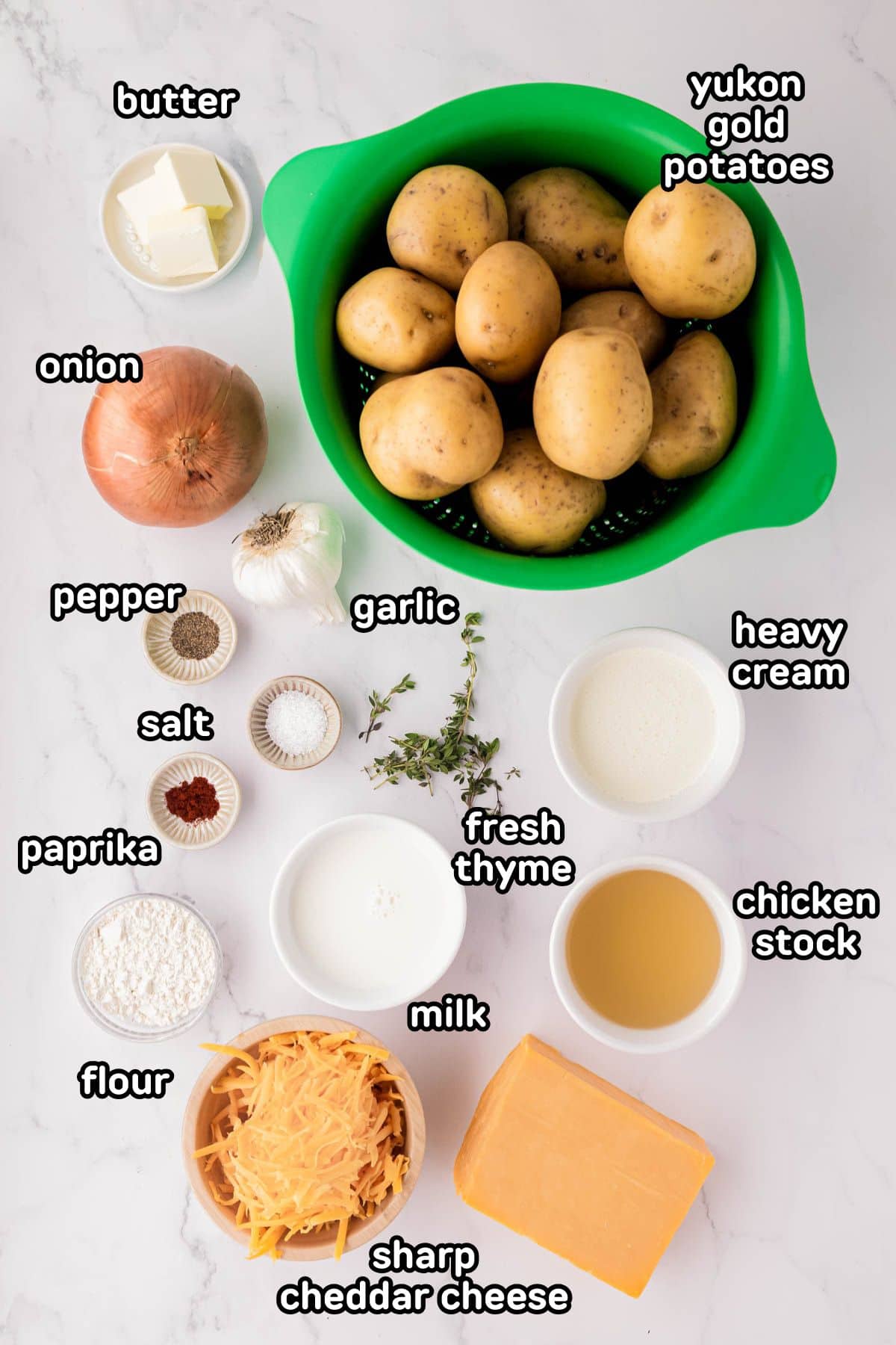 Labeled photo of the ingredients needed to make scalloped potatoes.
