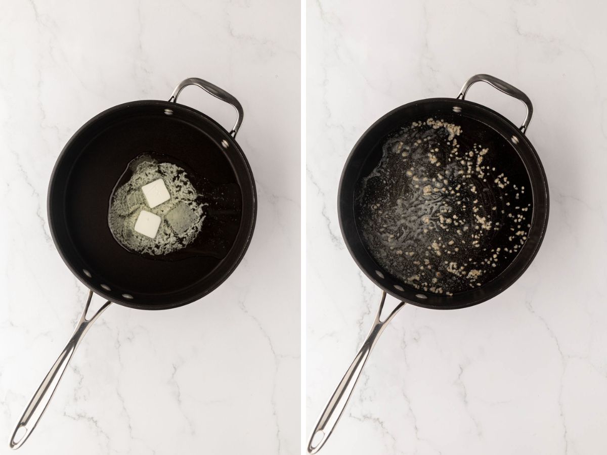 Side by side photos of melting butter and cooking garlic in it.