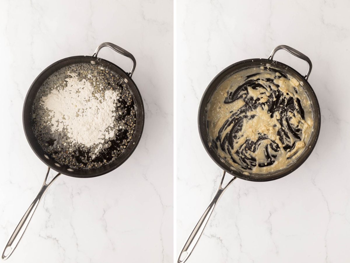 Side by side photos of adding flour and cooking it until thick and golden.