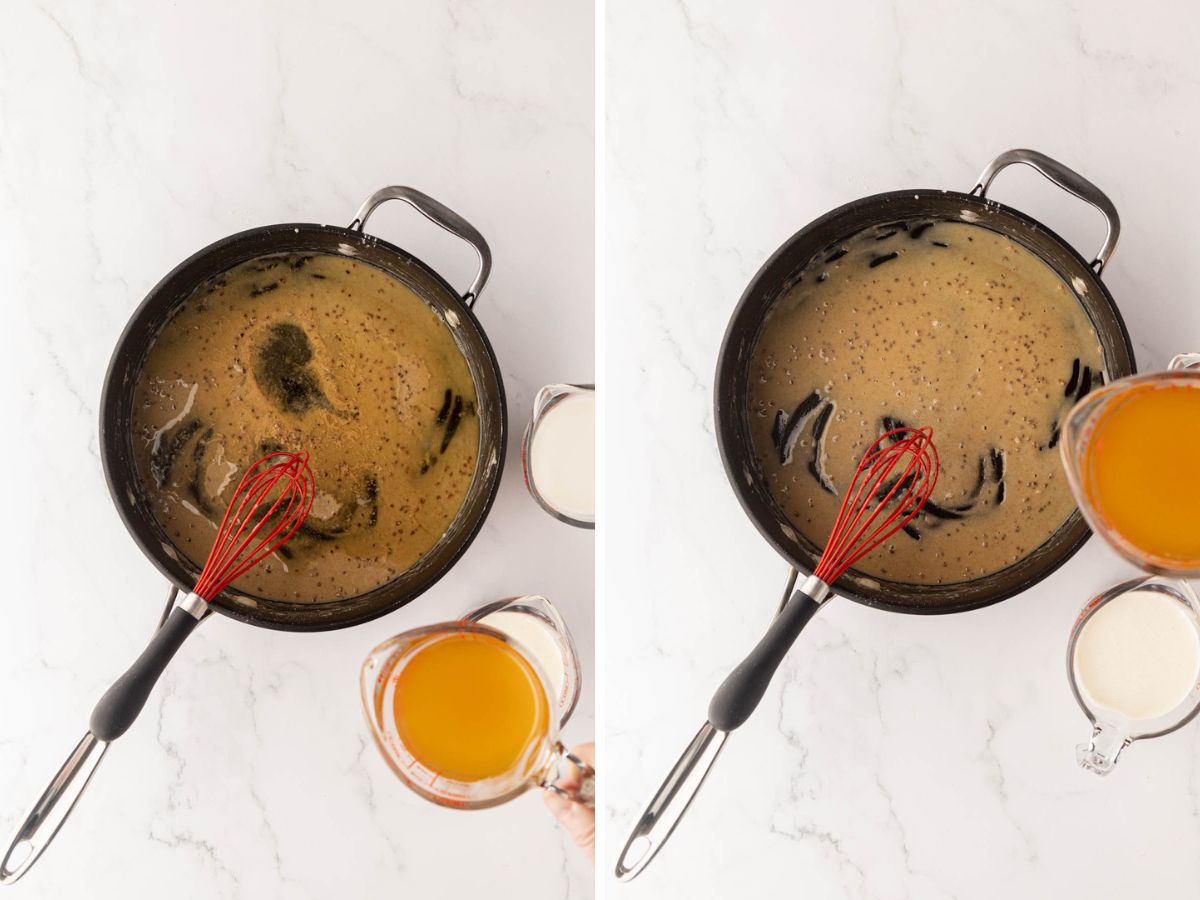 A side-by-side image of broth being added to Roux and combined.