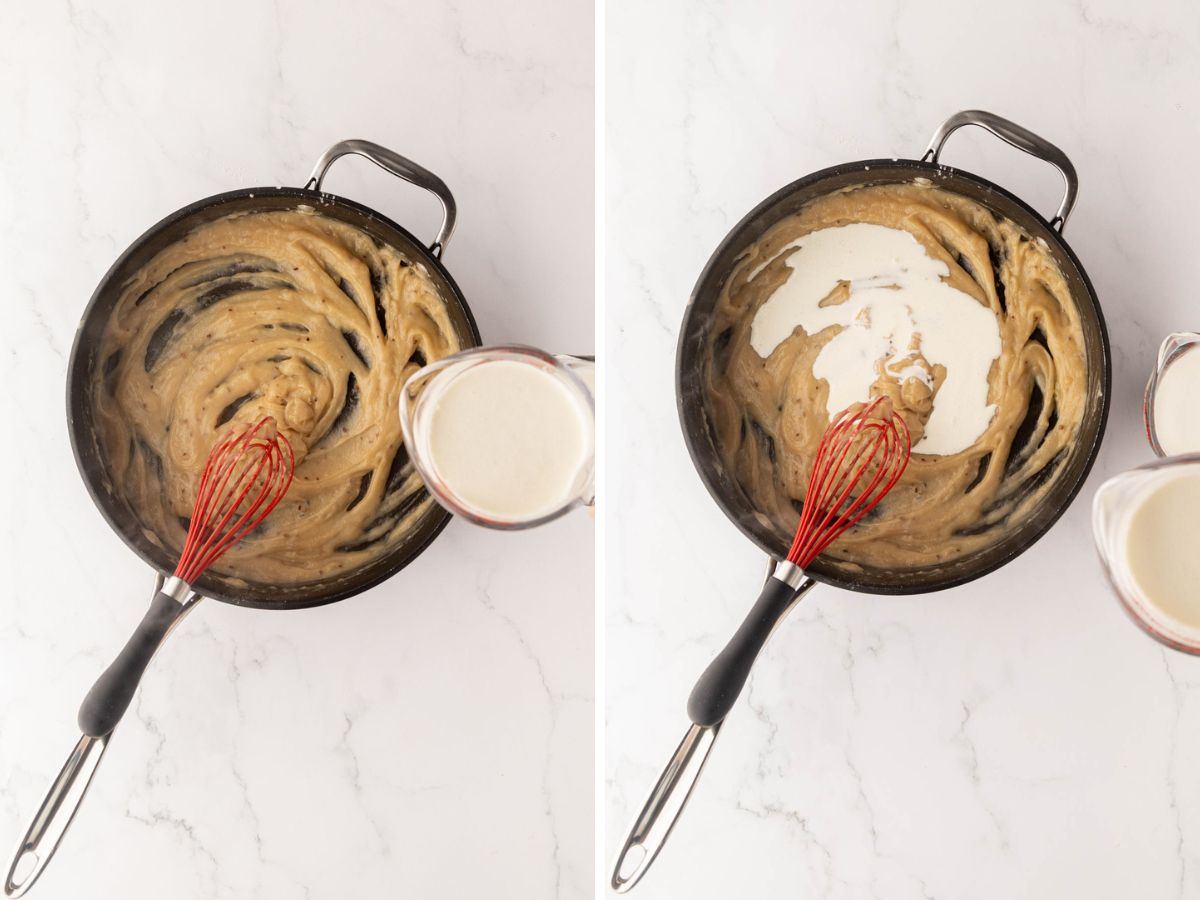 Adding heavy cream to the butter and flour mixture in side by side photos.