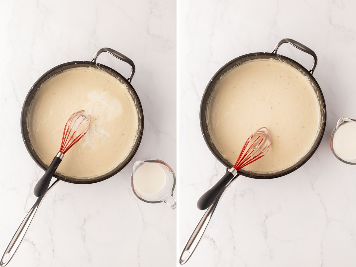 Side by side of bechamel sauce in a skillet with a whisk.