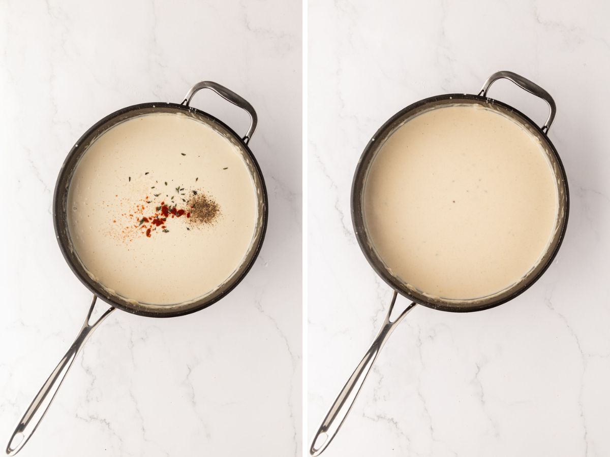 Adding spices to the bechamel sauce in a skillet.