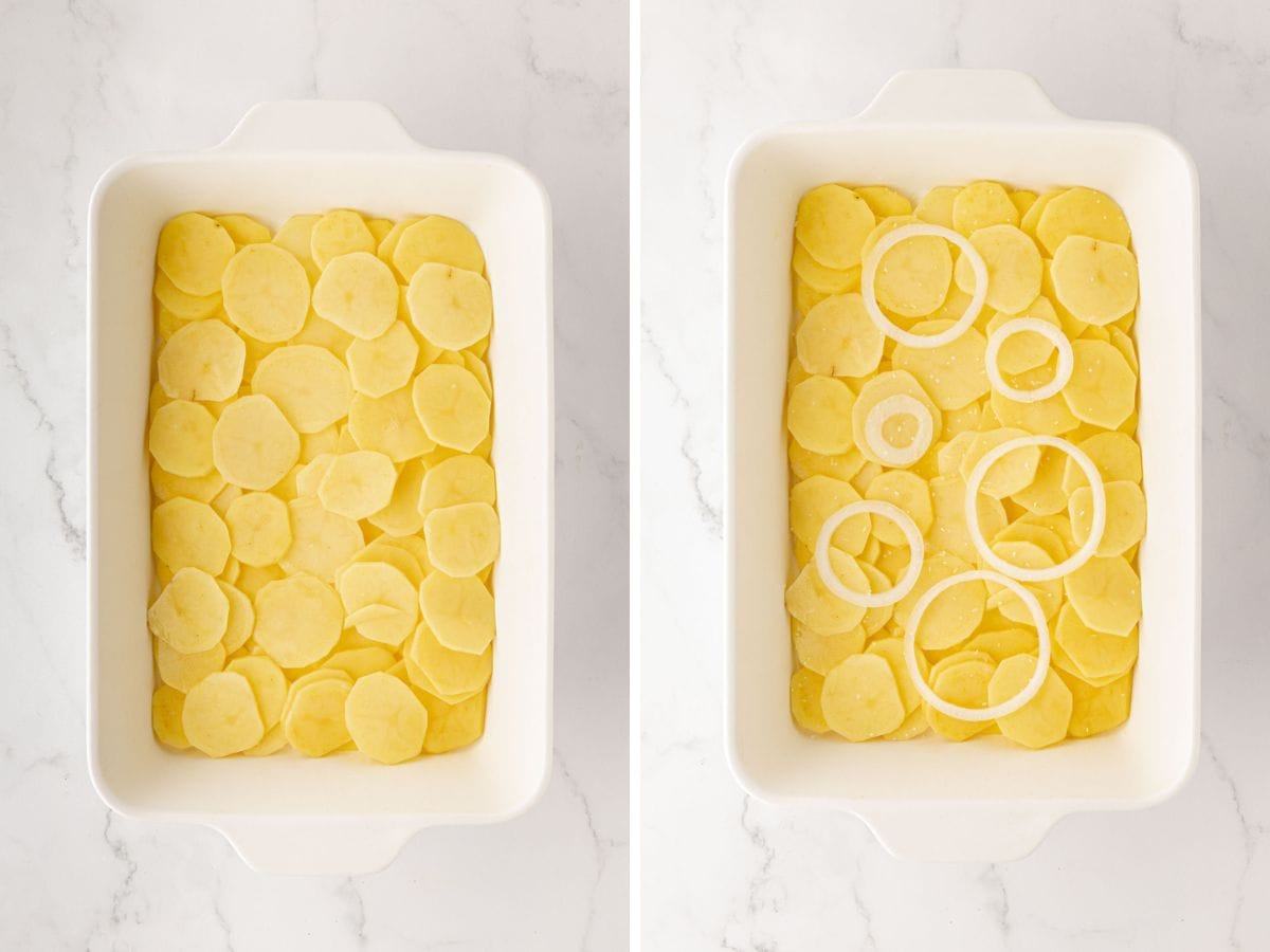 Layering thinly sliced potatoes with slices of onion in a white baking dish.
