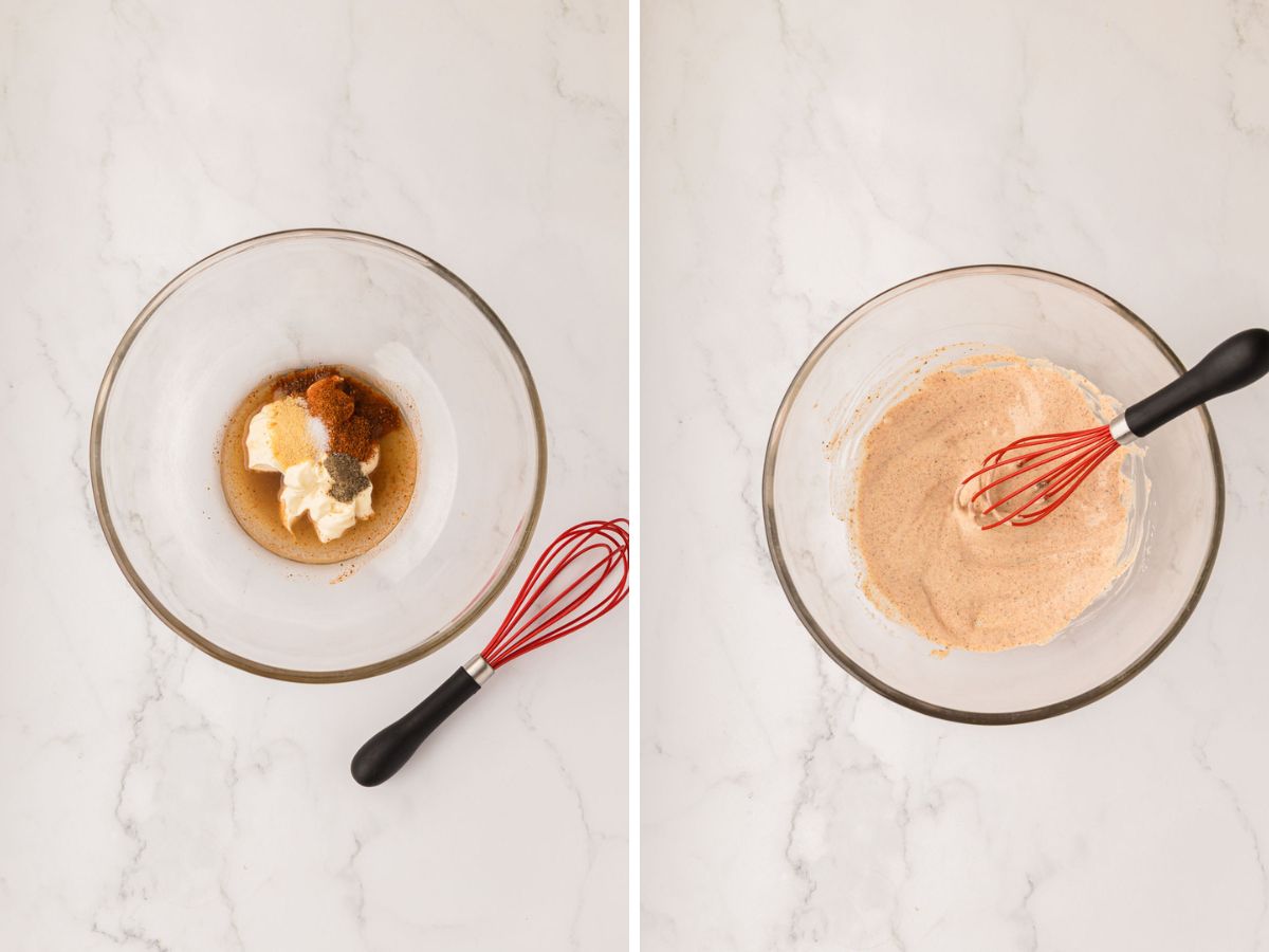 Side-by-side image of dressing ingredients and then whisk together.