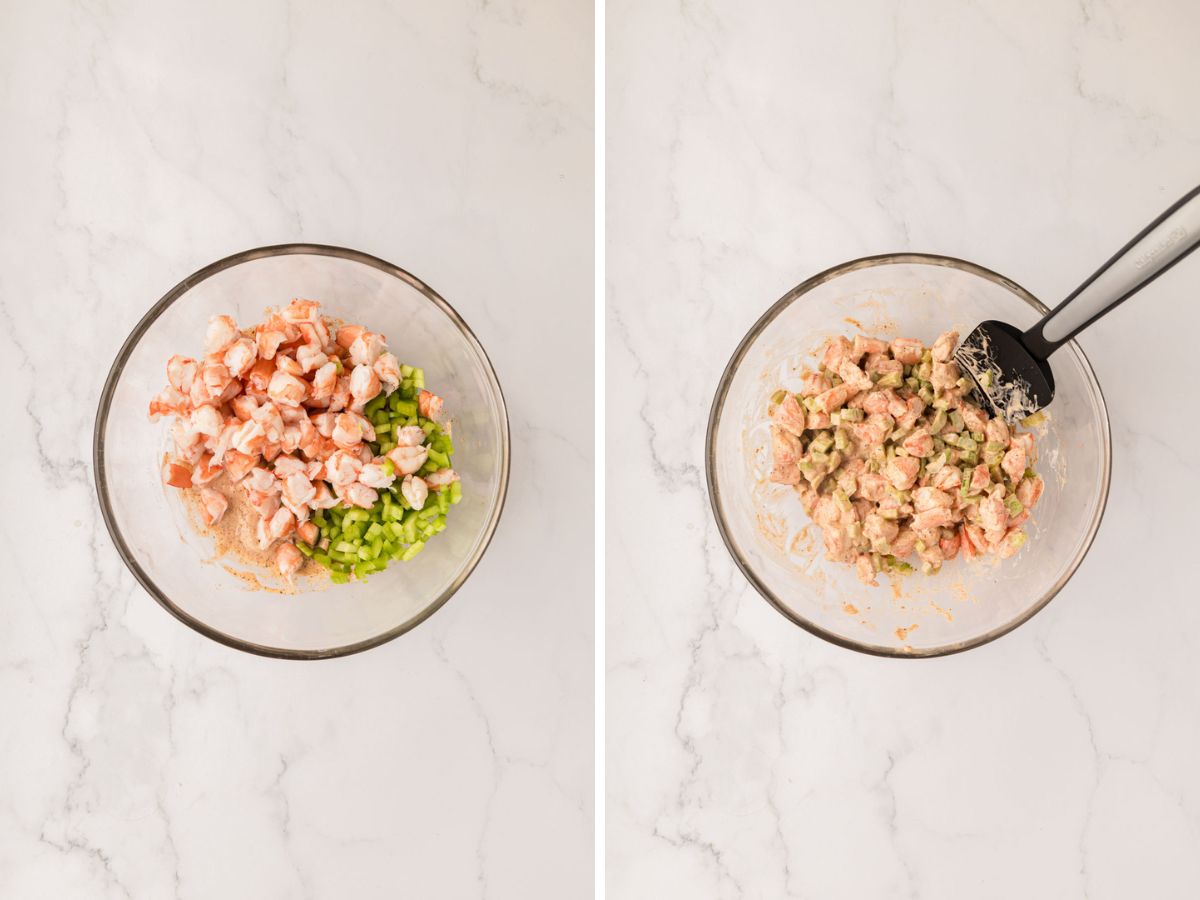 Side-by-side image of celery and shrimp added to dressing and combined.