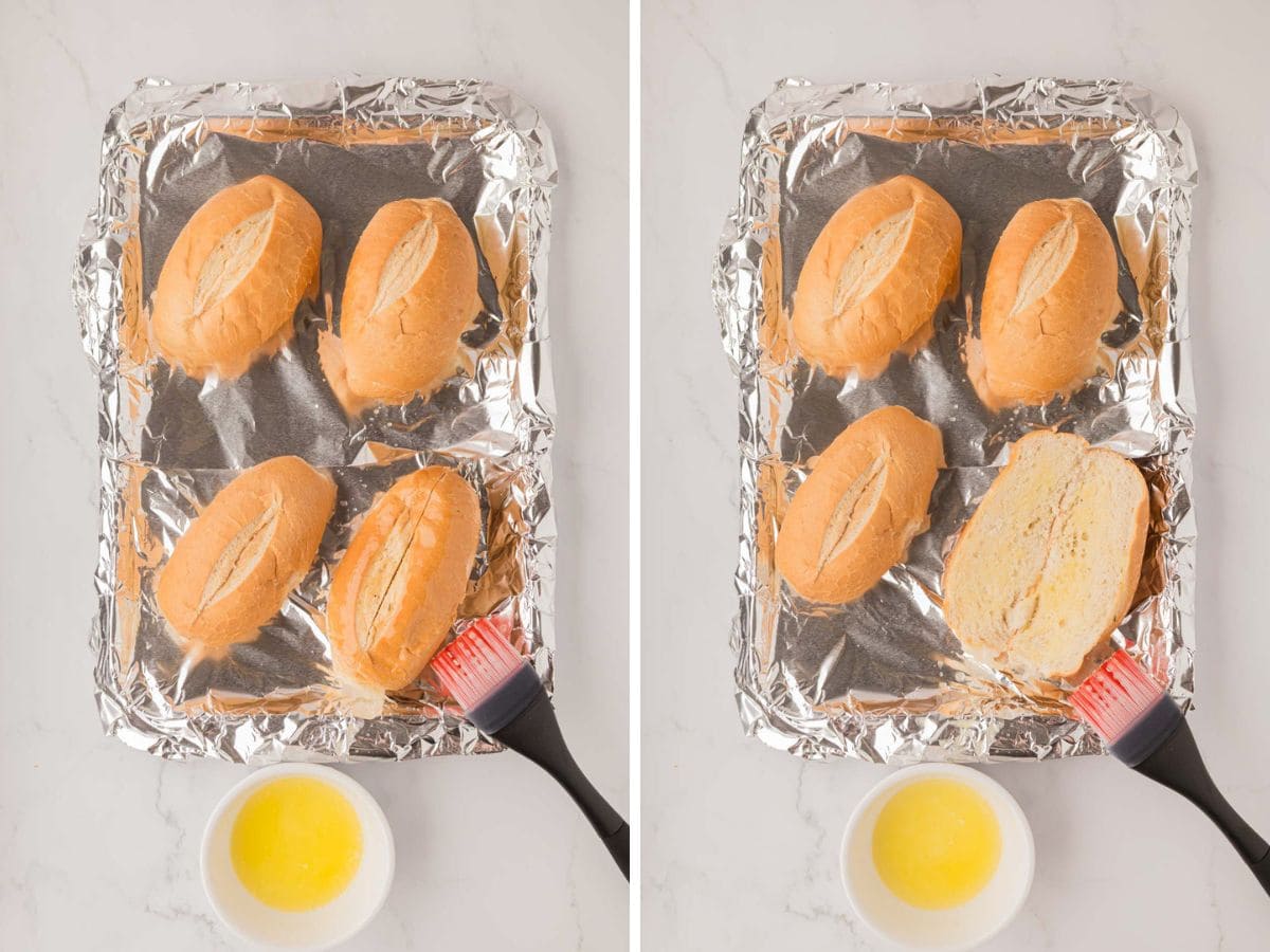Hoagie buns added to a foil line, baking tray