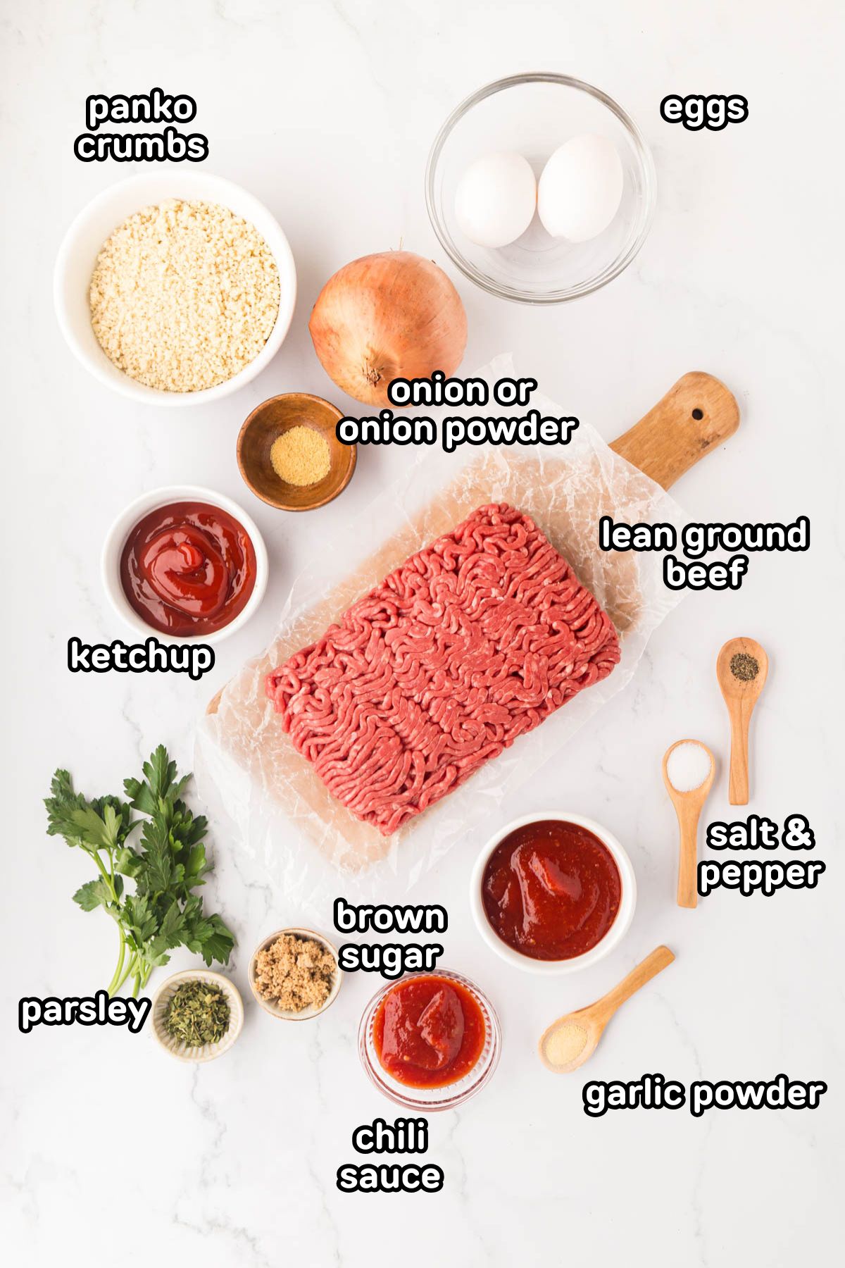 Labeled ingredients needed to make homemade classic meatloaf.
