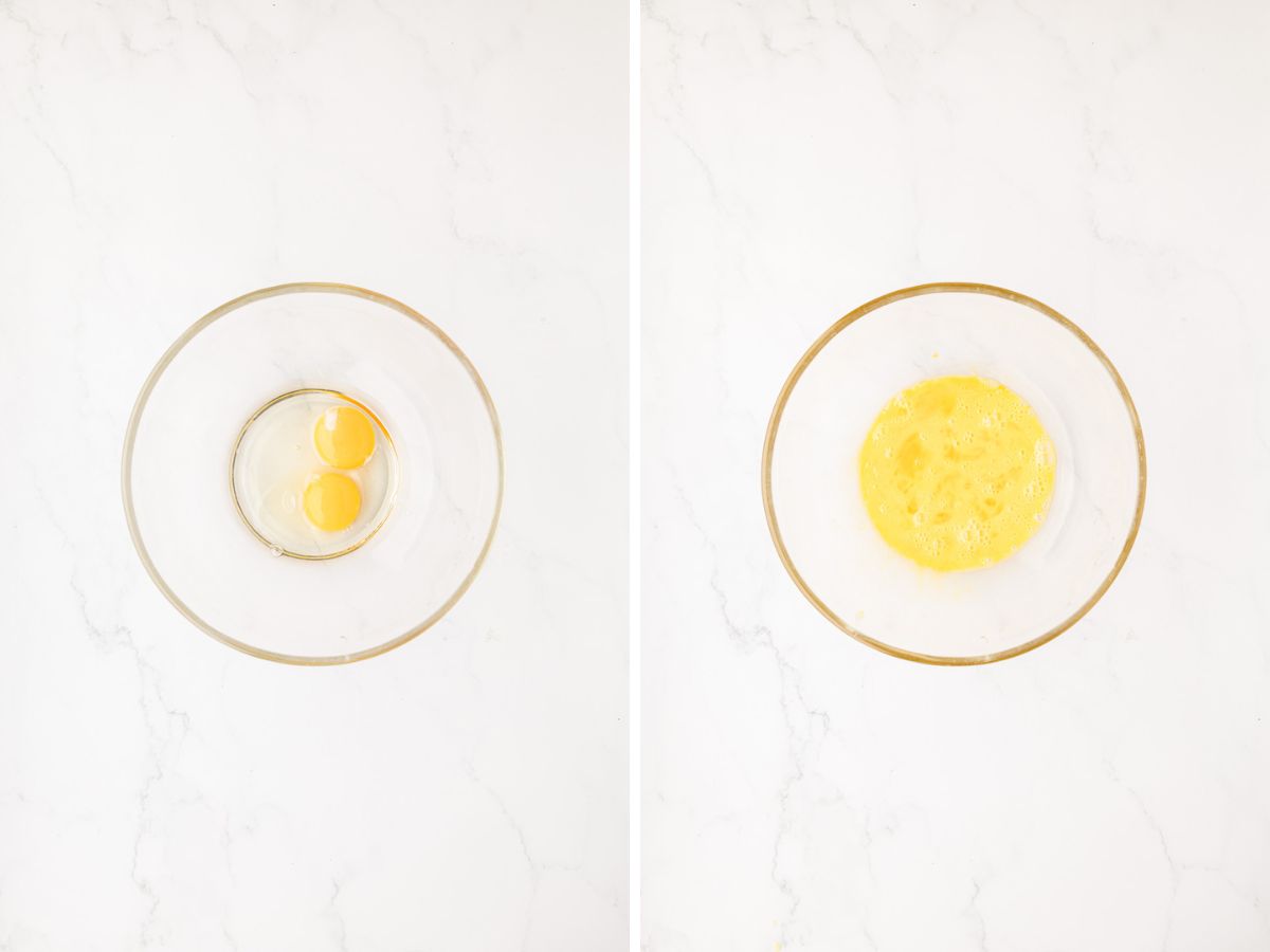 Egg beaten in a glass bowl.