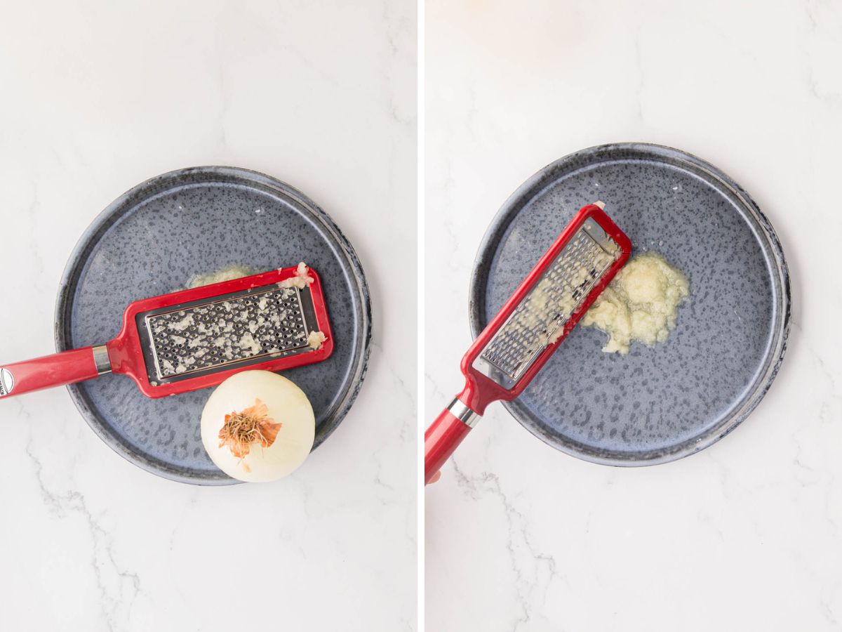 Grating onion with a grater.