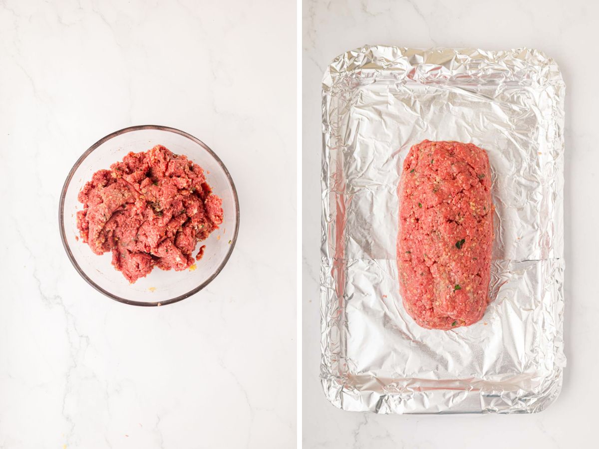 A side-by-side image of meatloaf mixture in a bowl and then formed into a low on a foil line baking sheet.