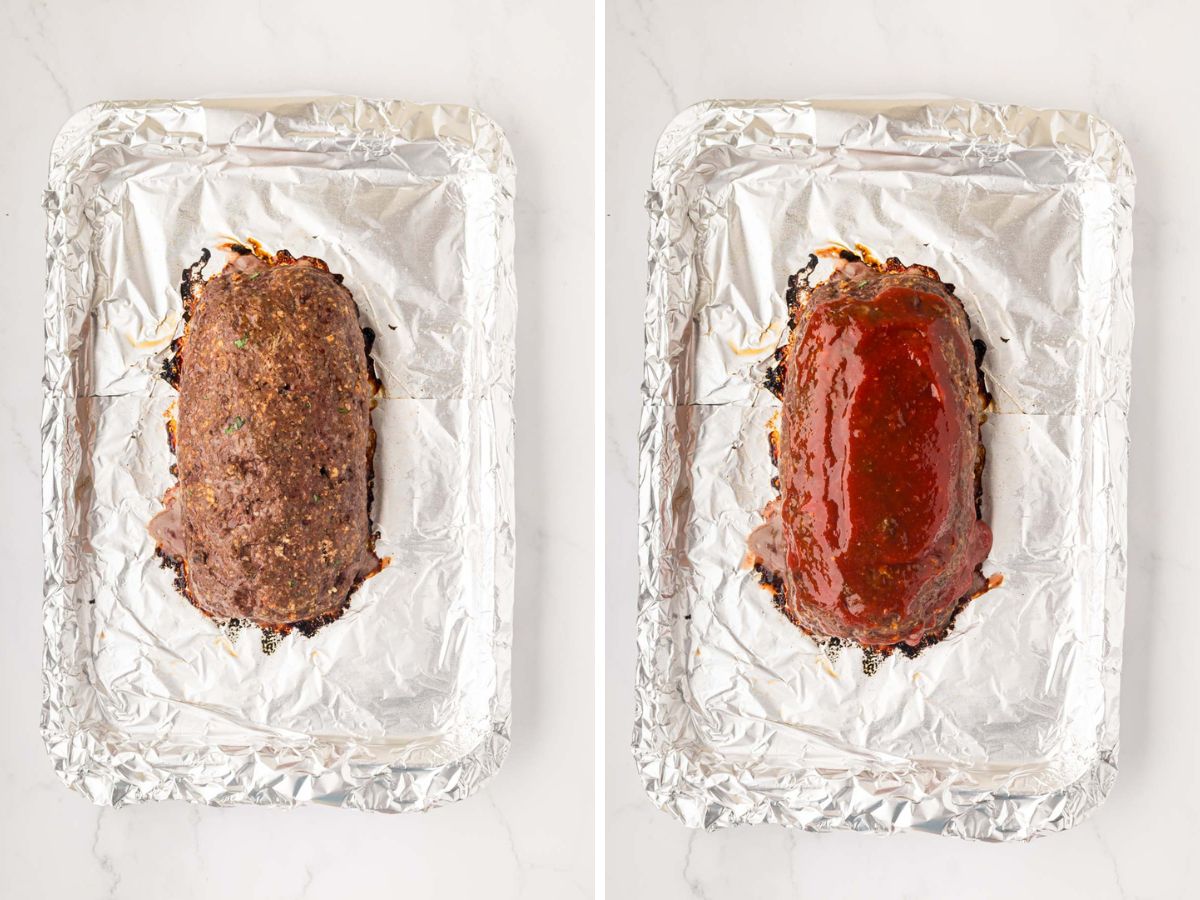 A side-by-side image of a half cooked meatloaf and the glaze added to the top.
