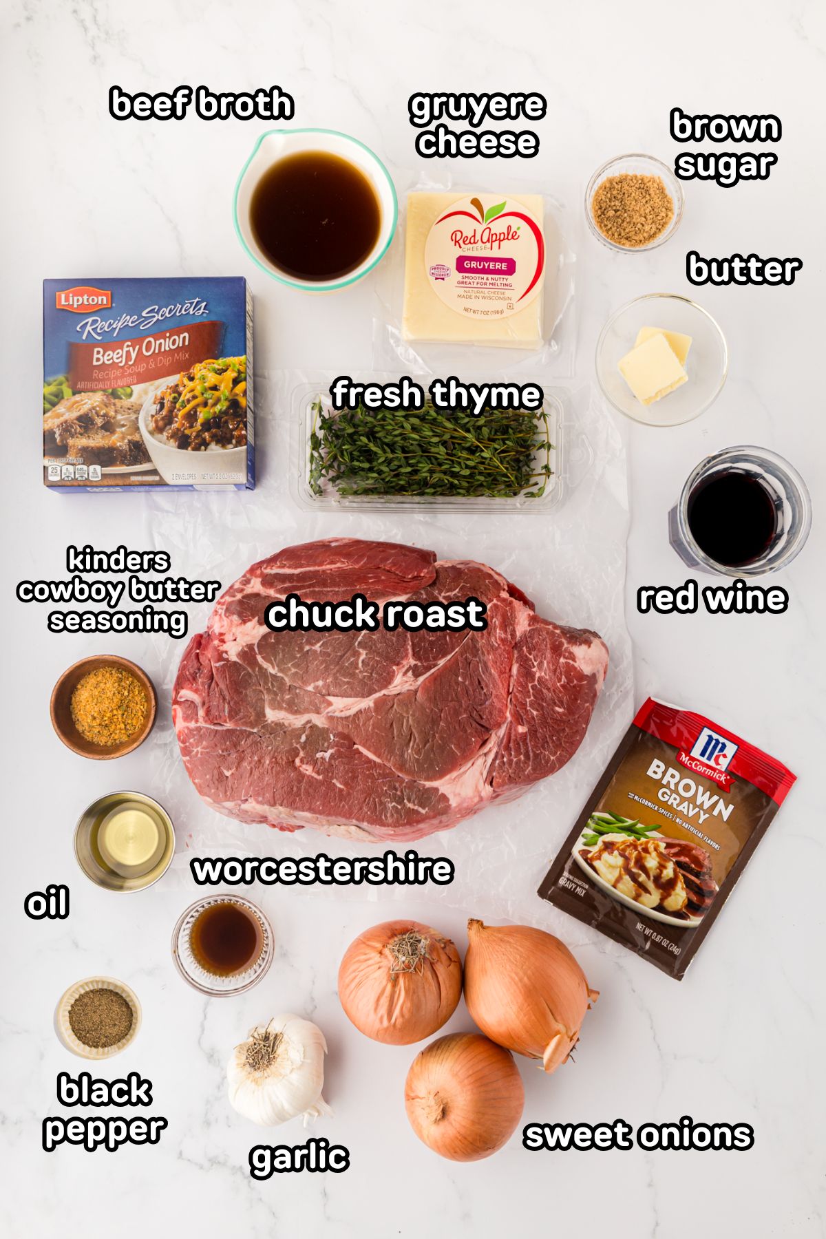 Labeled ingredients needed to make French onion soup pot roast.