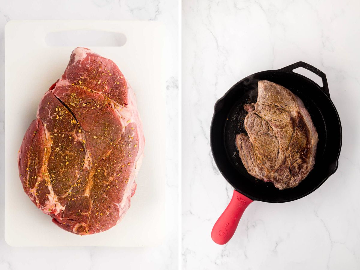 Cast-iron skillet, searing a chuck roast.