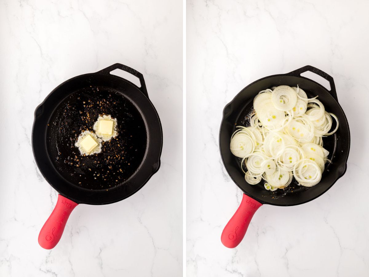Side-by-side image of butter, added to skillet with sliced onions.