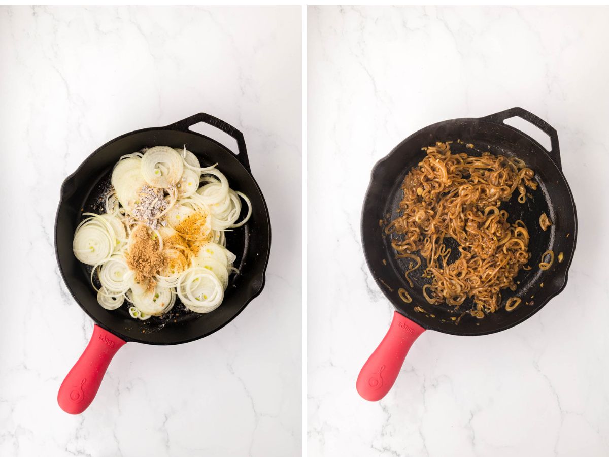 Side-by-side image of seasoning added to sliced onions and cooked until caramelized.
