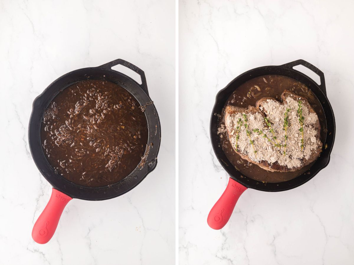 Seasonings added to roast in skillet.