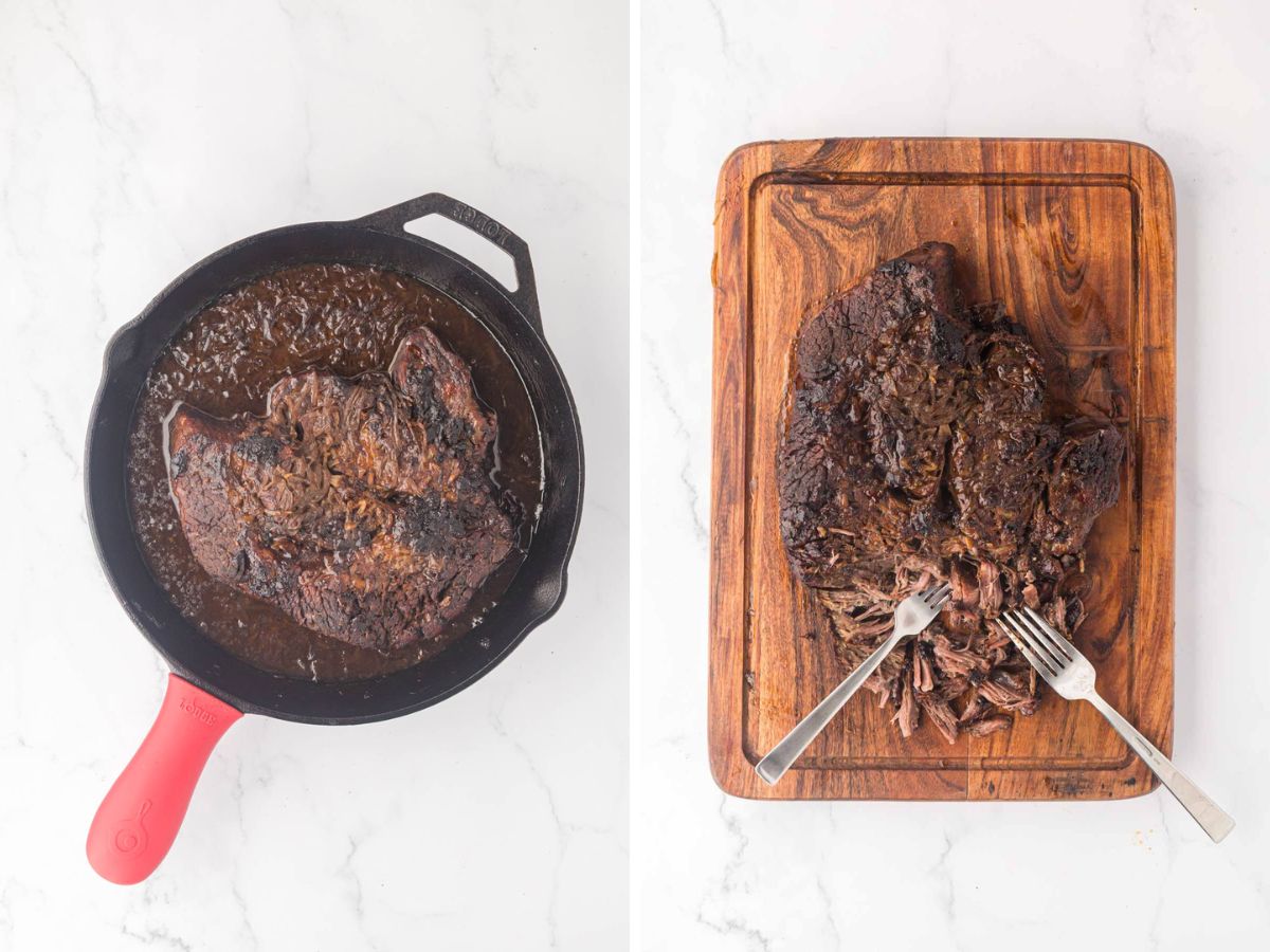 Side-by-side image of cooked roast in skillet and then placed on a cutting board to shred.