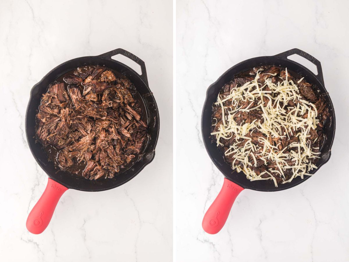 Side-by-side image of roast back into pan and then top with shredded cheese