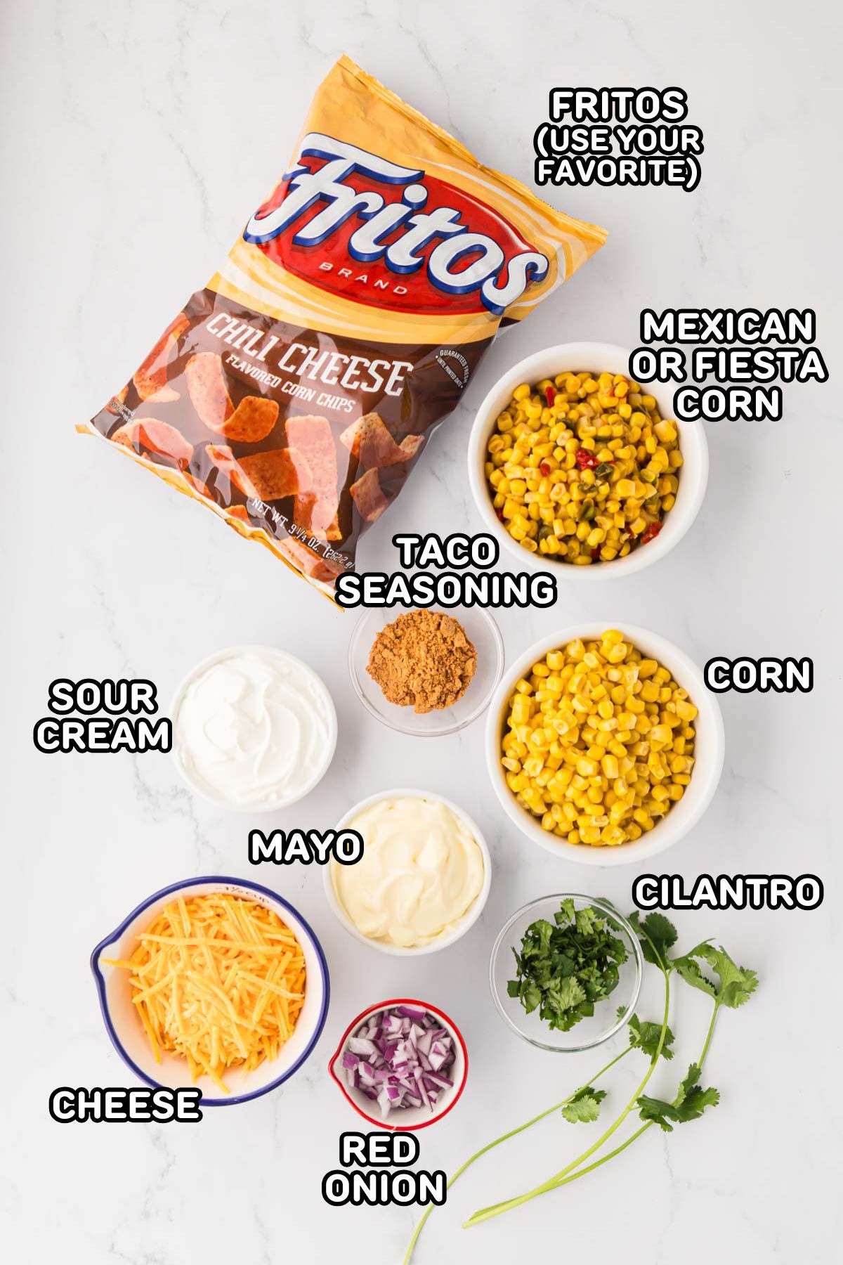 A labeled image of ingredients needed to make Frito corn salad.