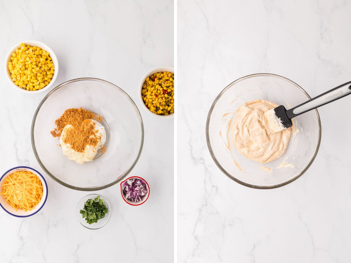 A side-by-side image of ingredients with the mayo, sour cream and taco seasoning added to a bowl and stirred.