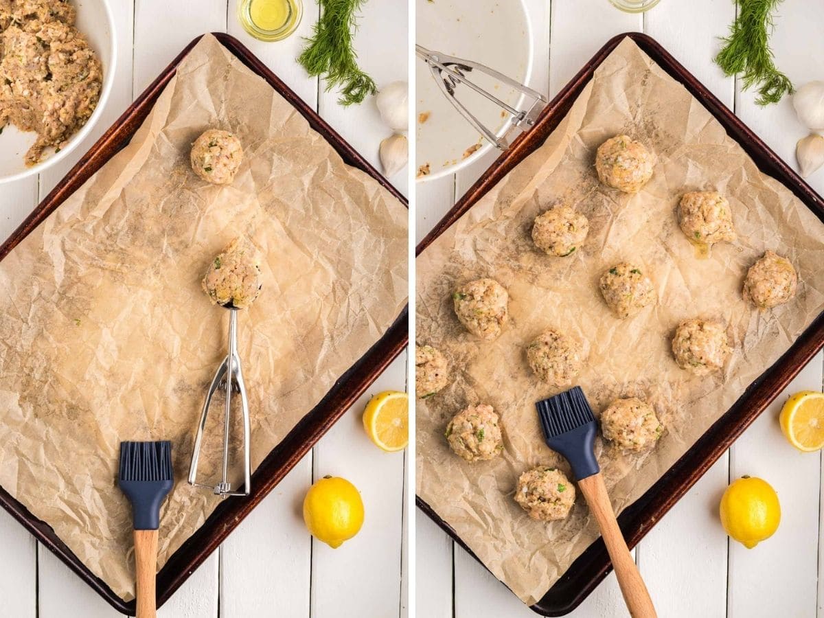 Side by side photos of scooping Greek chicken meatballs on a sheet pan and brushing them with oil.