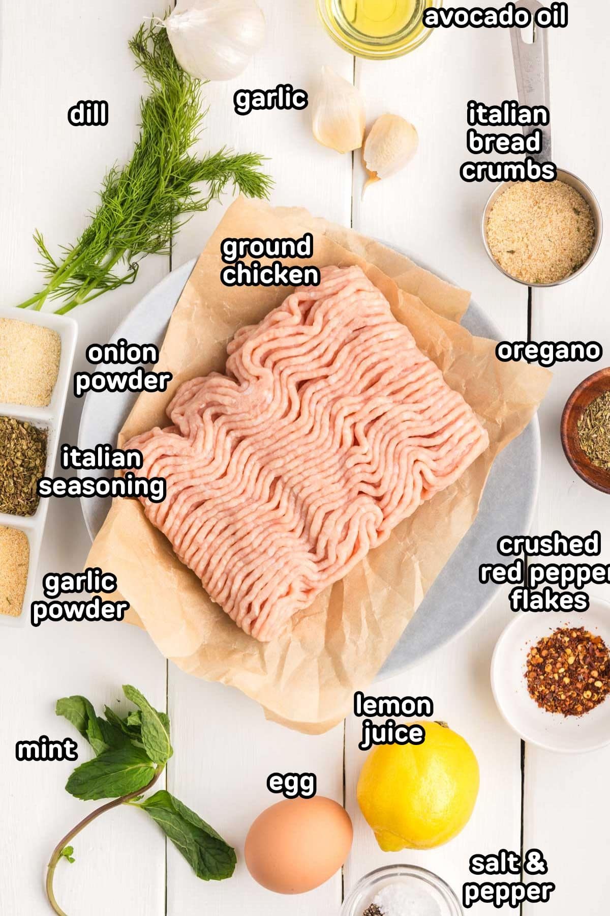 Ingredients needed to make Greek chicken meatballs.