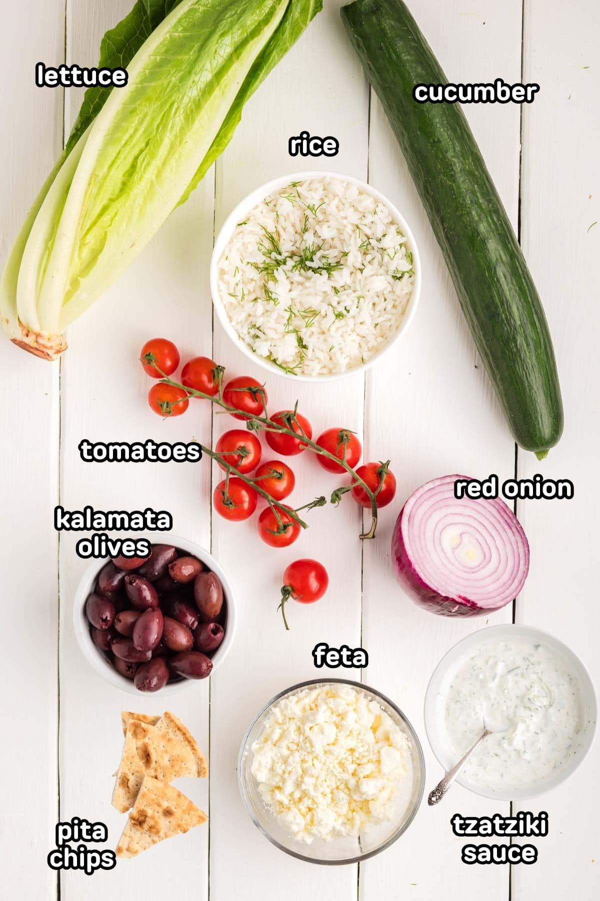 Ingredients needed to make Greek chicken meatball bowls.
