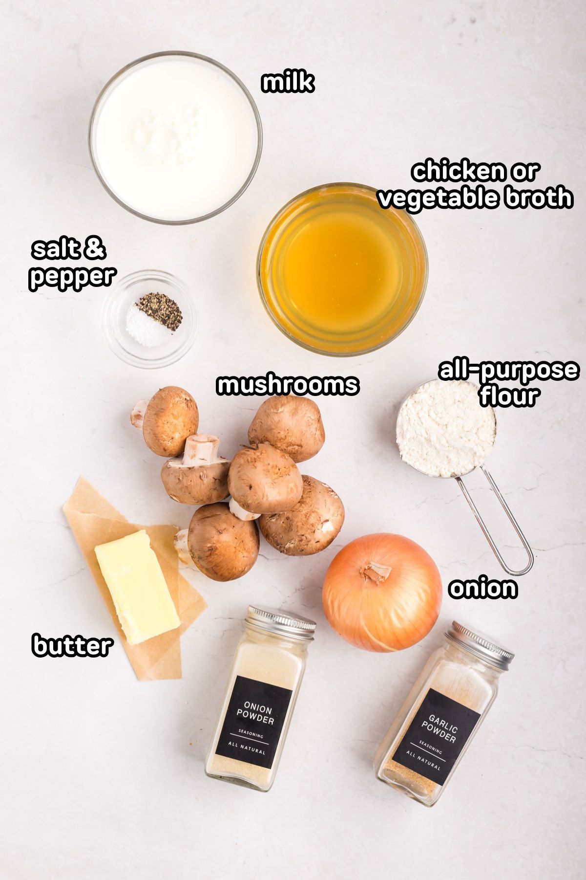 Labeled photo of the ingredients needed to make homemade cream of mushroom soup.