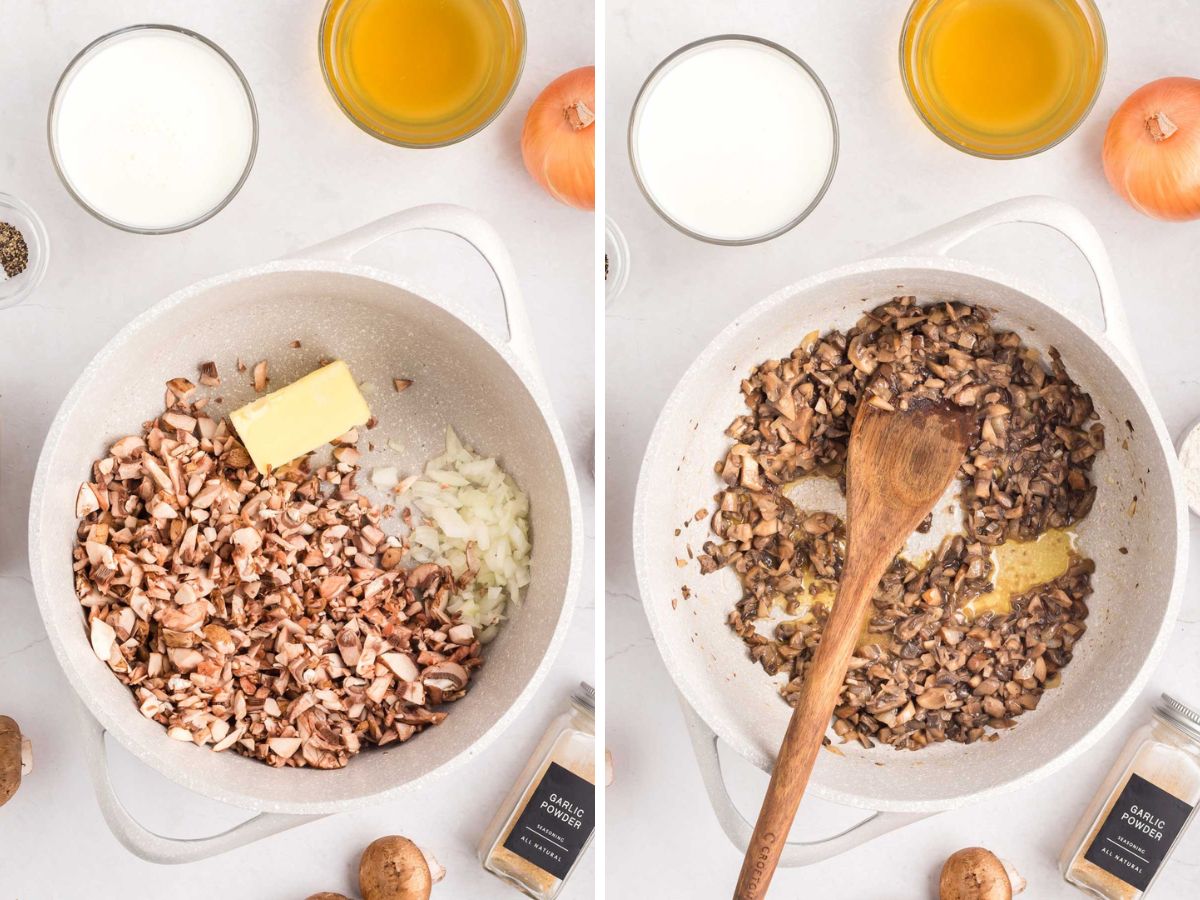 Side by side photos of sautéing mushrooms, onions and butter.