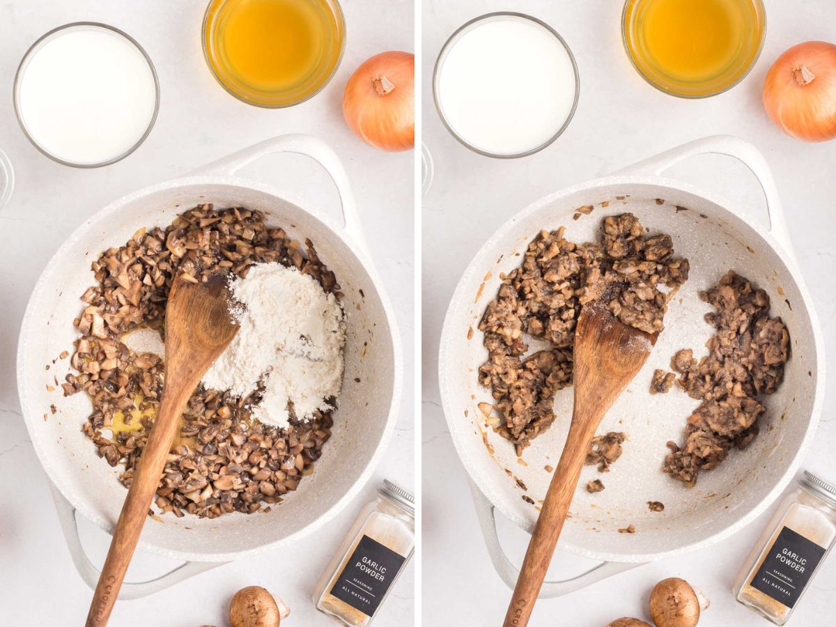 Side by side photos of adding flour to the mushroom mixture in a pot.
