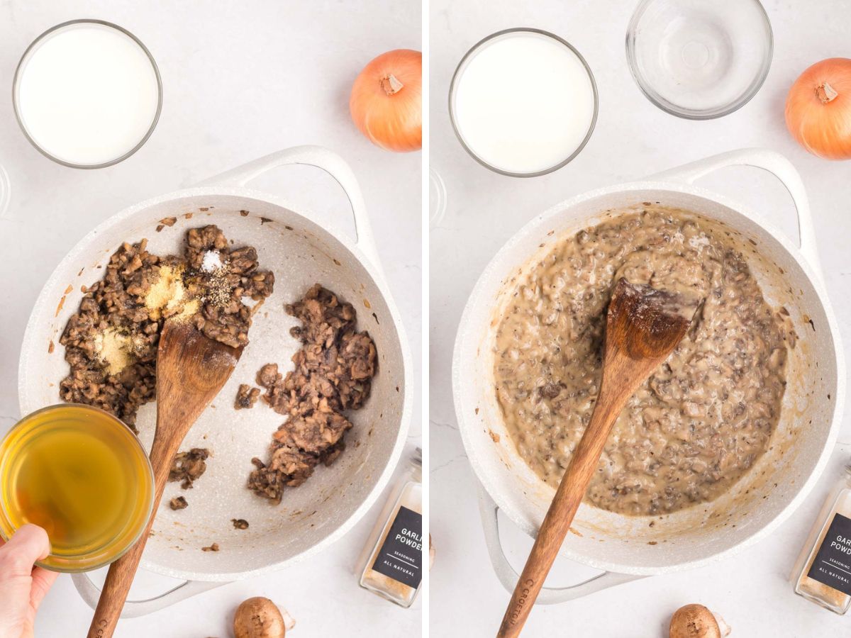 Side by side photos of adding seasonings and broth to the mushrooms in a pot.