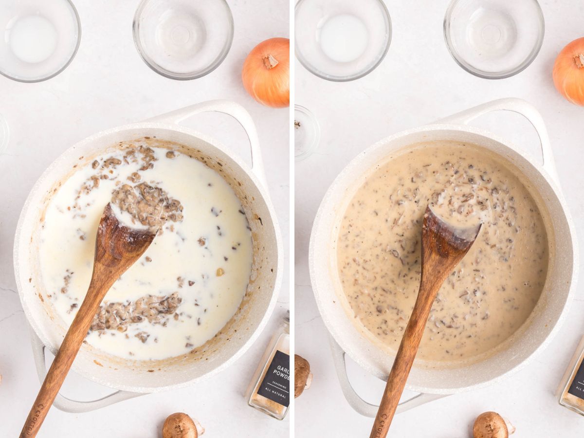 Side by side photos of adding milk to the mushroom soup.