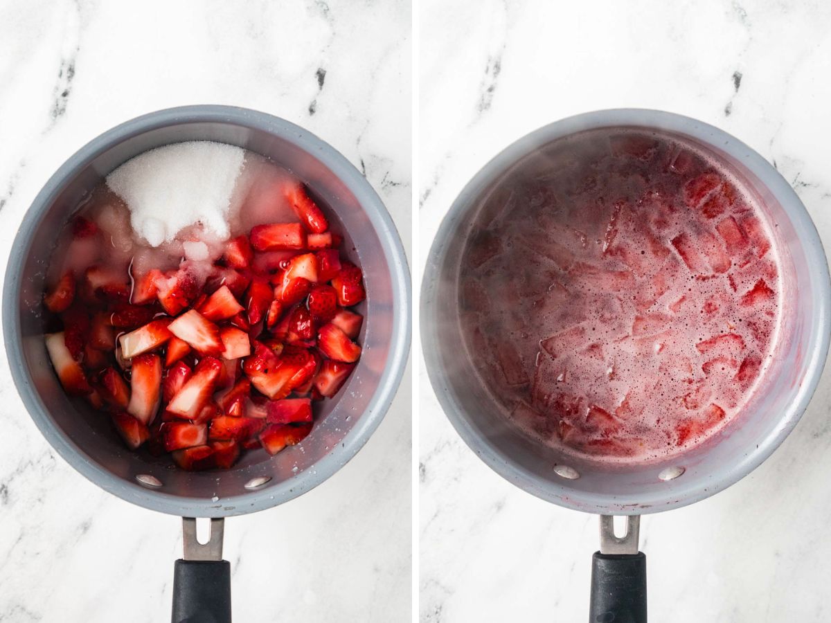 Side by side photos of cooking diced strawberries, sugar, and water in a saucepan.