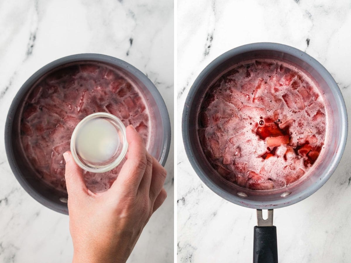 Adding lemon juice to the strawberry sugar mixture in a saucepan.