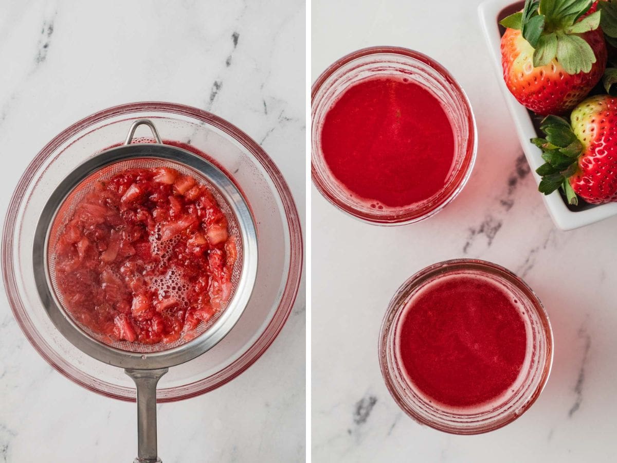 Side by side photos of straining the strawberry syrup and placing it in glass containers.