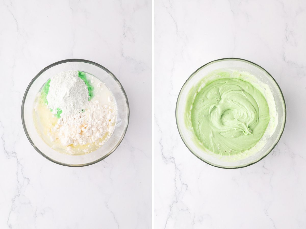 Side by side image with pudding mixture stirred together for batter.