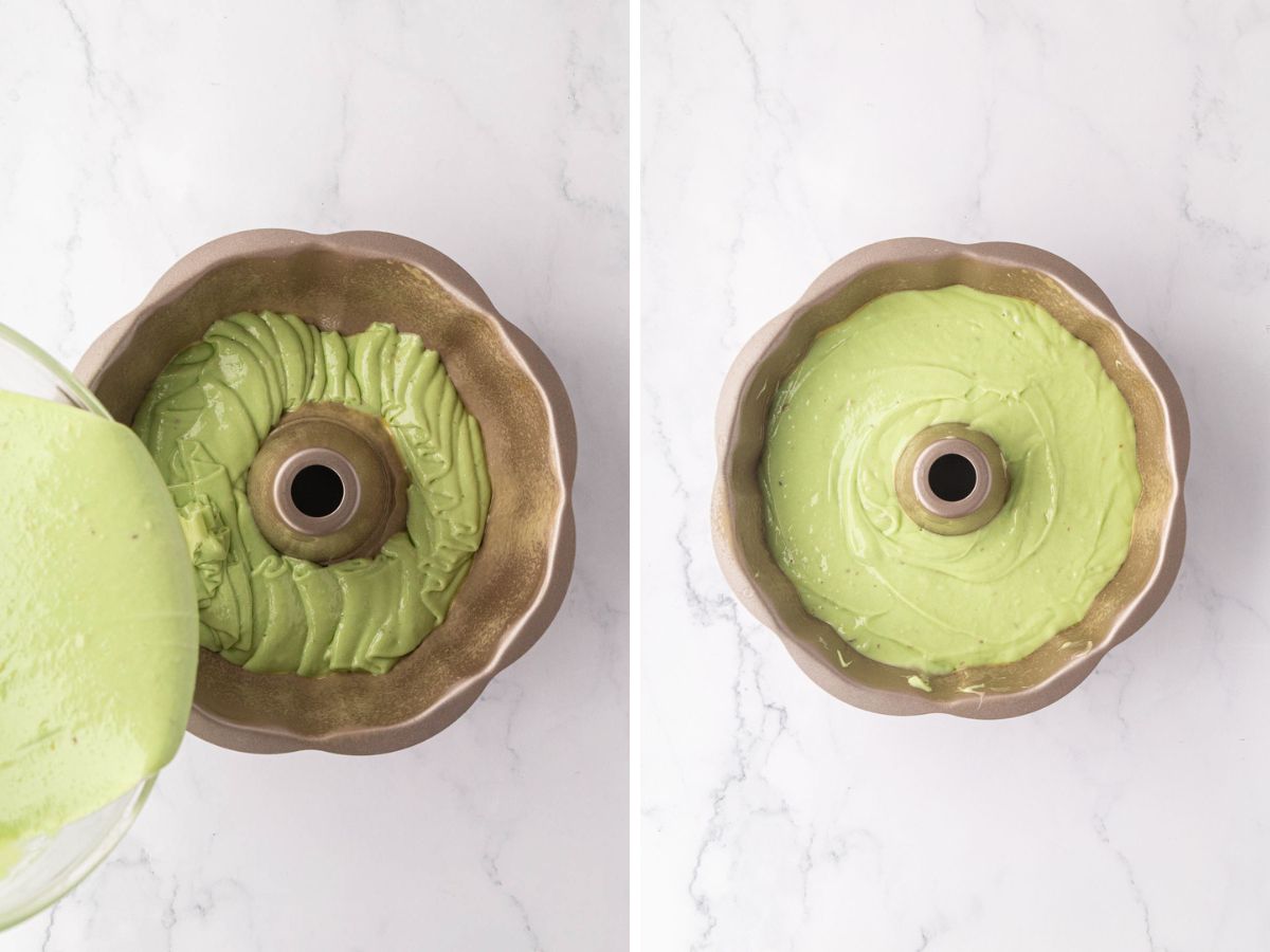 Cake batter added to bundt pan.