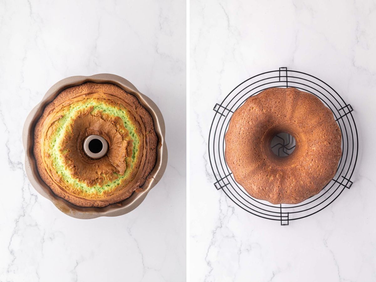 Side by side image of baked pistachio cake and then it turned onto a cooling rack.