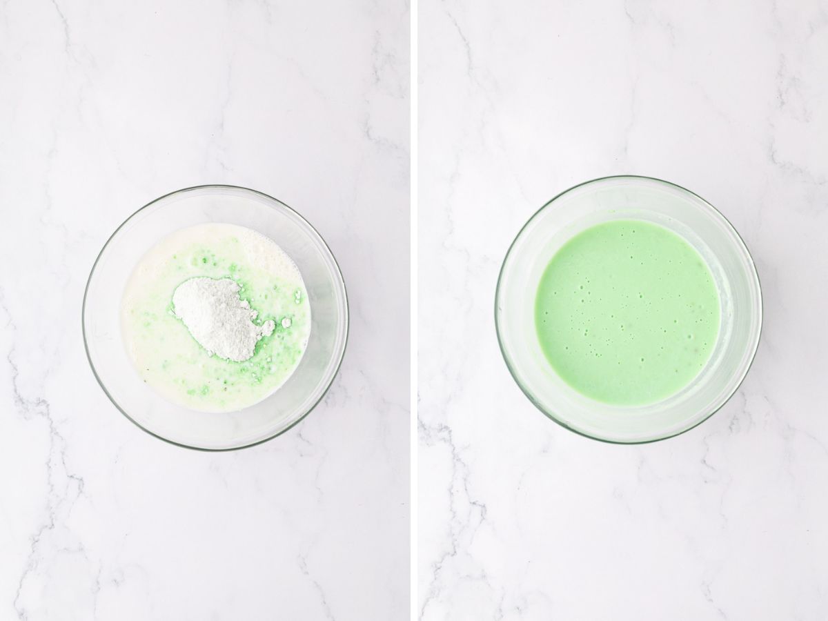 Instant pistachio pudding mix in a bowl with milk and combined.